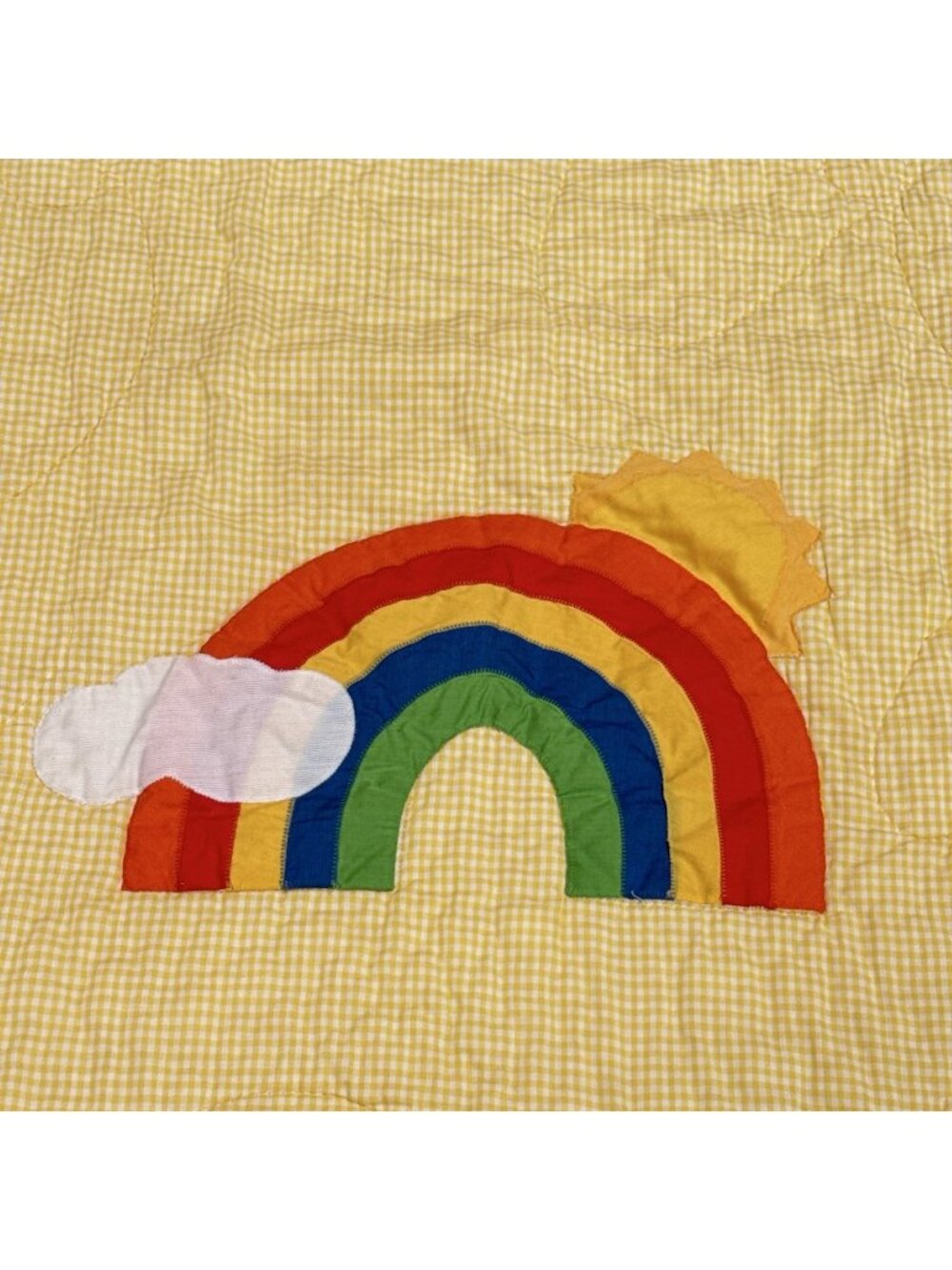 Vintage Baby Blanket Yellow Rainbow Cloud Sunshine Gingham Quilted 42.5" x 52.5"